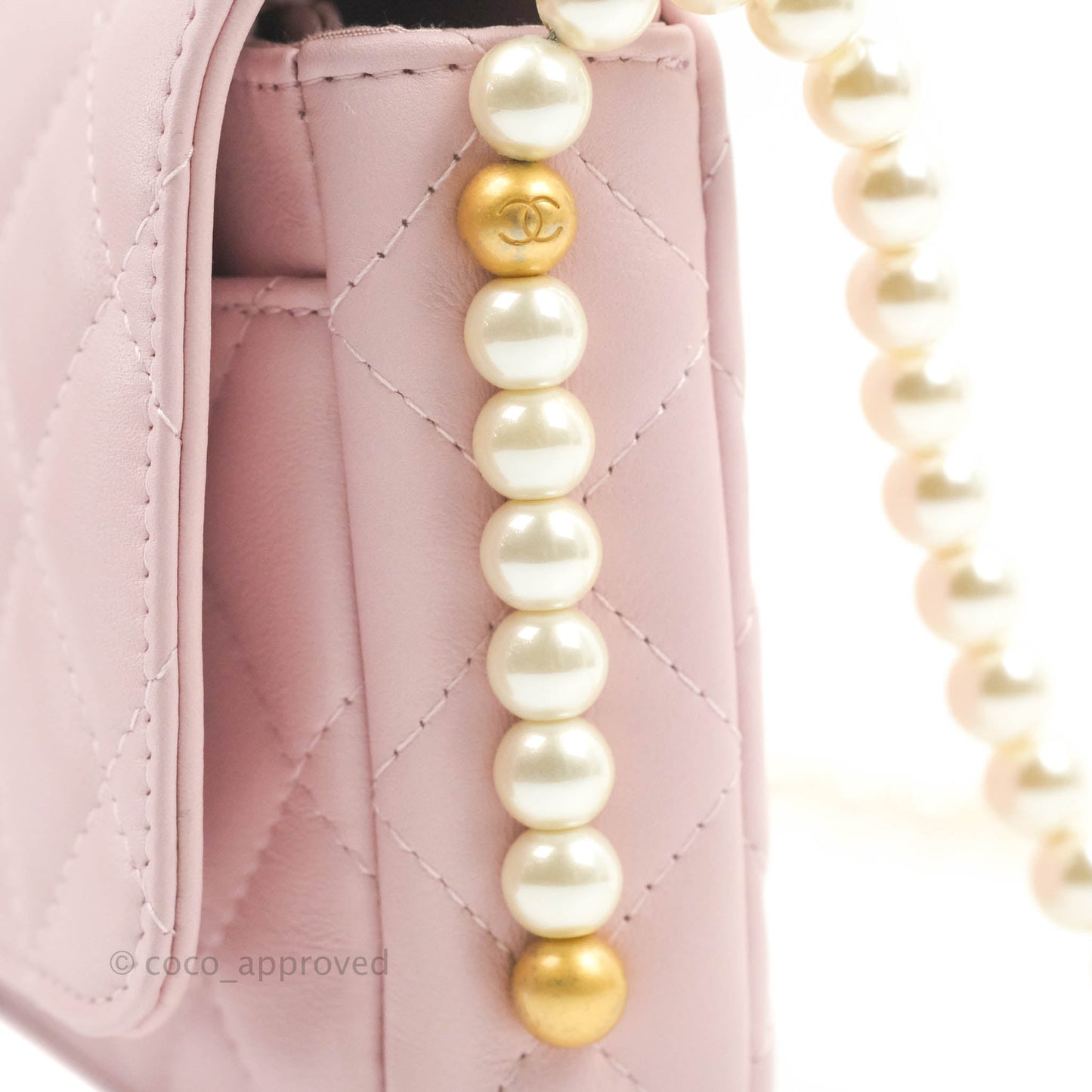 Chanel Quilted Wallet On Chain WOC With Pearl Chain Pink Aged Gold Hardware