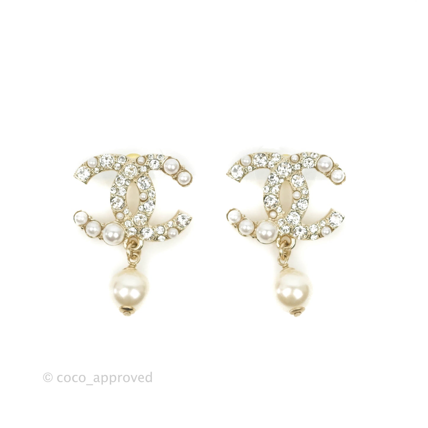 Chanel CC Rhinestone Pearl Drop Earrings Gold Tone 21V