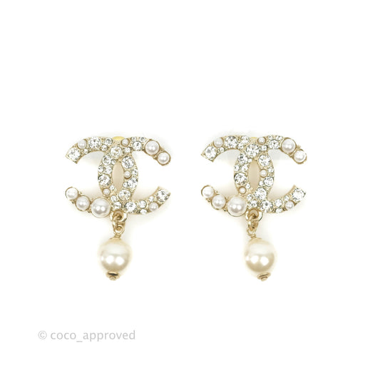 Chanel CC Rhinestone Pearl Drop Earrings Gold Tone 21V
