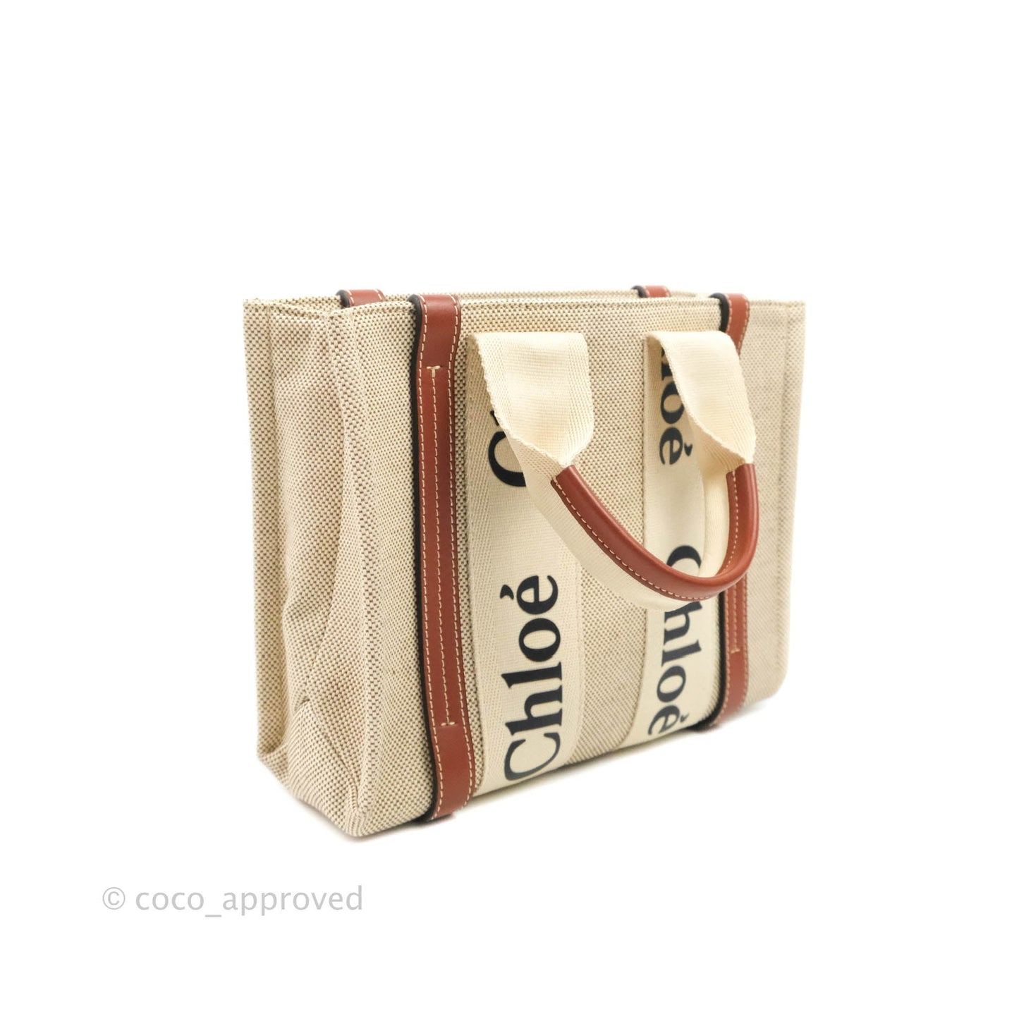 Chloe Small Woody Tote Bag Cotton Canvas & Brown Calfskin with Woody Ribbon