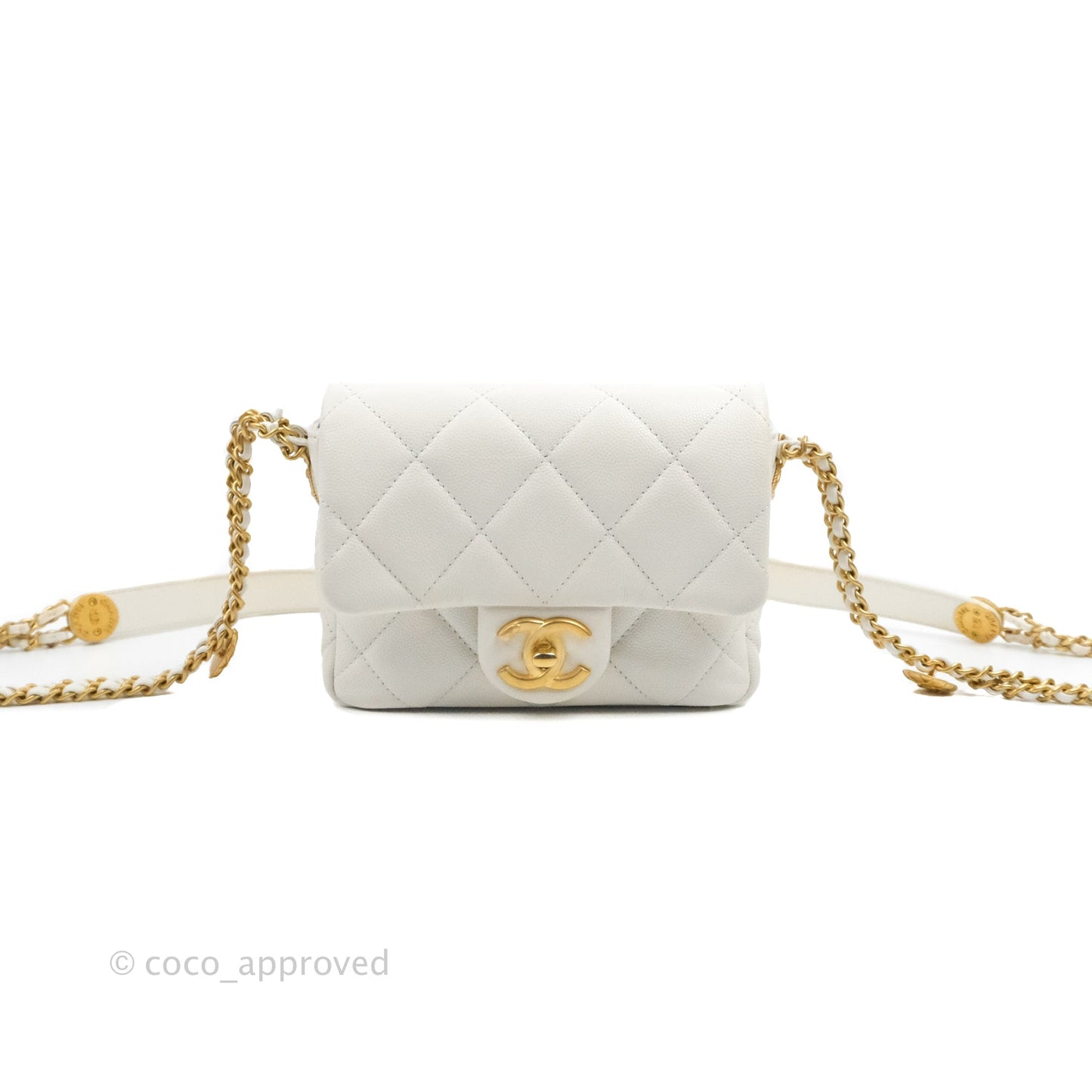 Chanel Mini Flap with Coin Charm White Caviar Aged Gold Hardware 22A