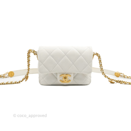 Chanel Mini Flap with Coin Charm White Caviar Aged Gold Hardware 22A