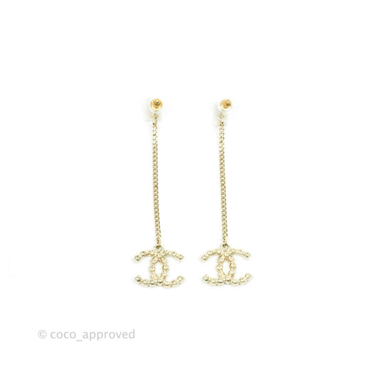 Chanel Crystal CC Long Drop Earrings Gold Tone 21V