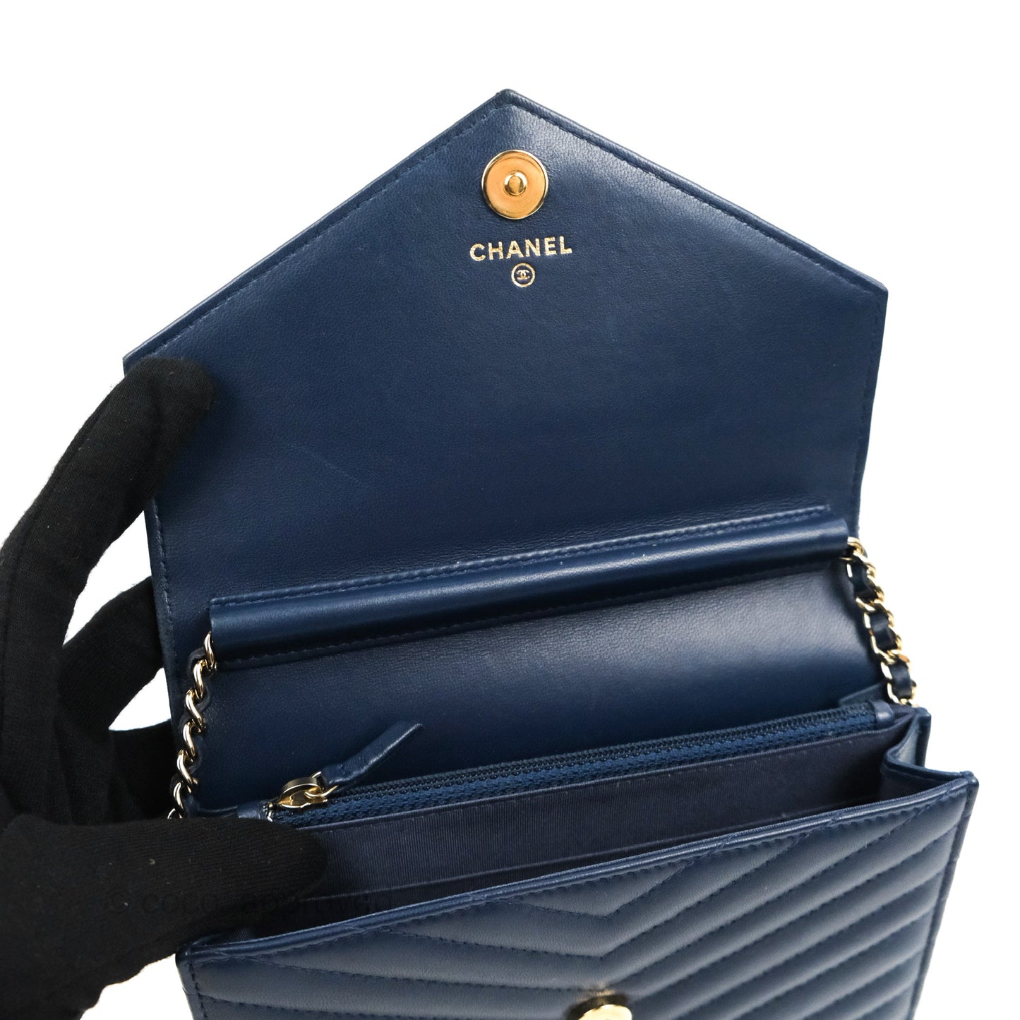 Chanel Square WOC Wallet On Chain Blue Lambskin Chevron Gold Hardware