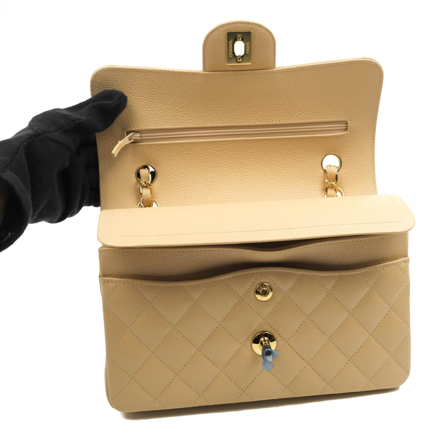 Chanel Small Classic Quilted Flap Beige Caviar Gold Hardware
