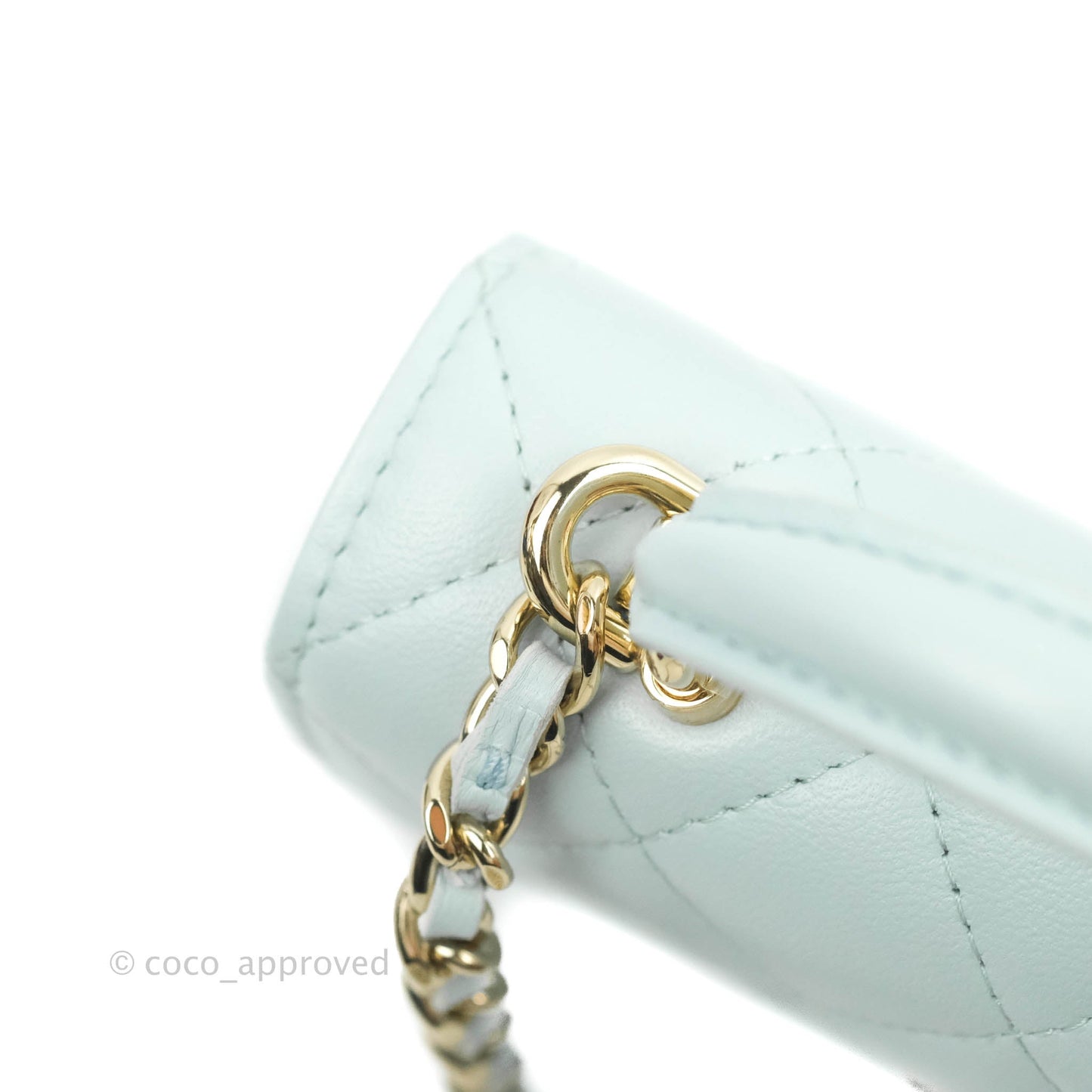 Chanel Mini Handle Flap Coin Purse With Chain Light Blue Lambskin Gold Hardware