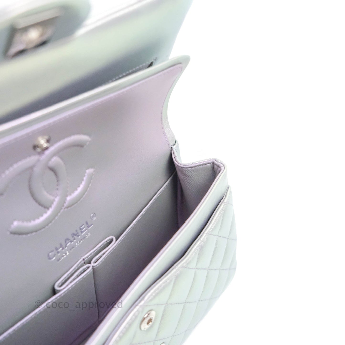 Chanel Small Classic Quilted Flap Metallic Iridescent White Lilac Silver Hardware