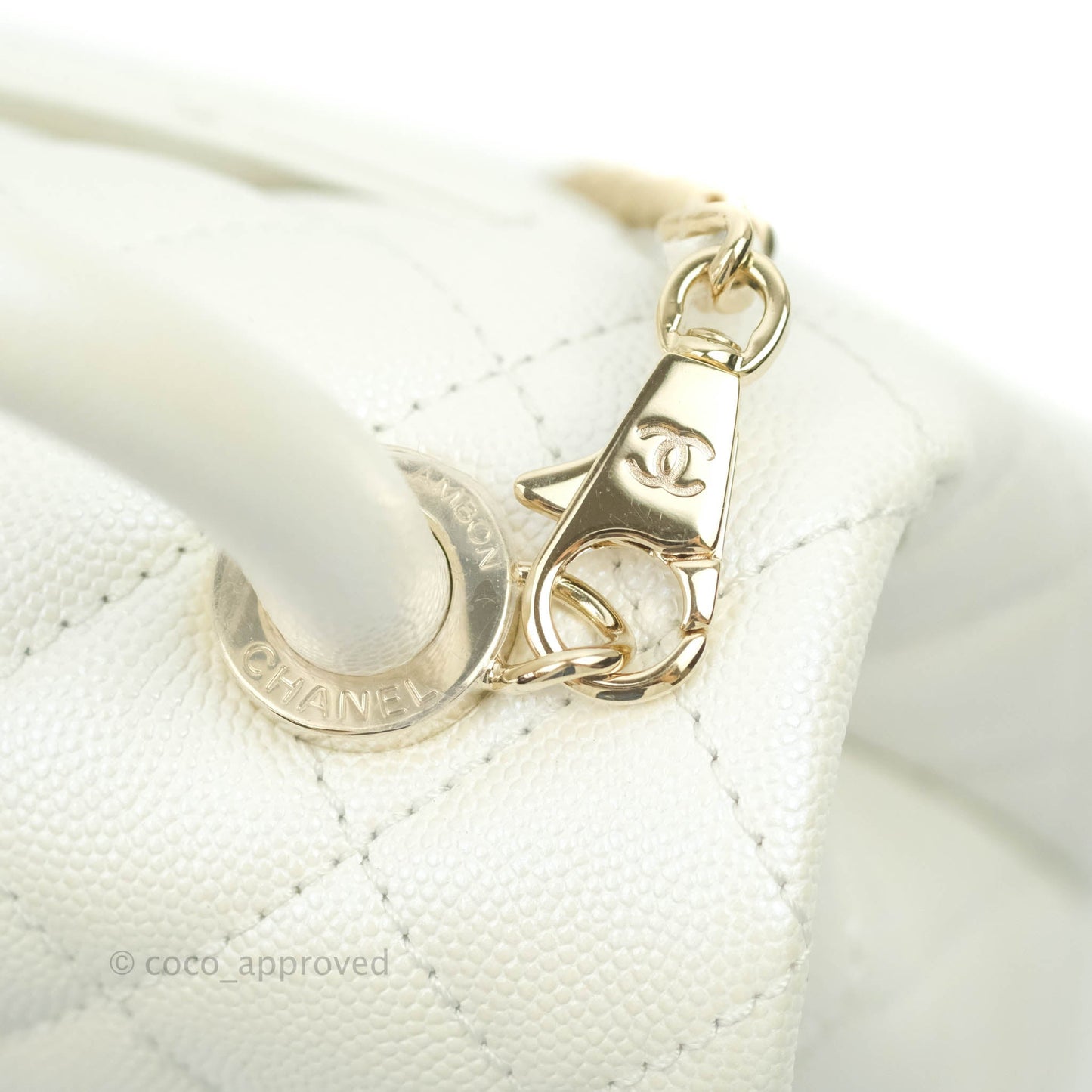 Chanel Mini Coco Handle Quilted Iridescent White Caviar Gold Hardware