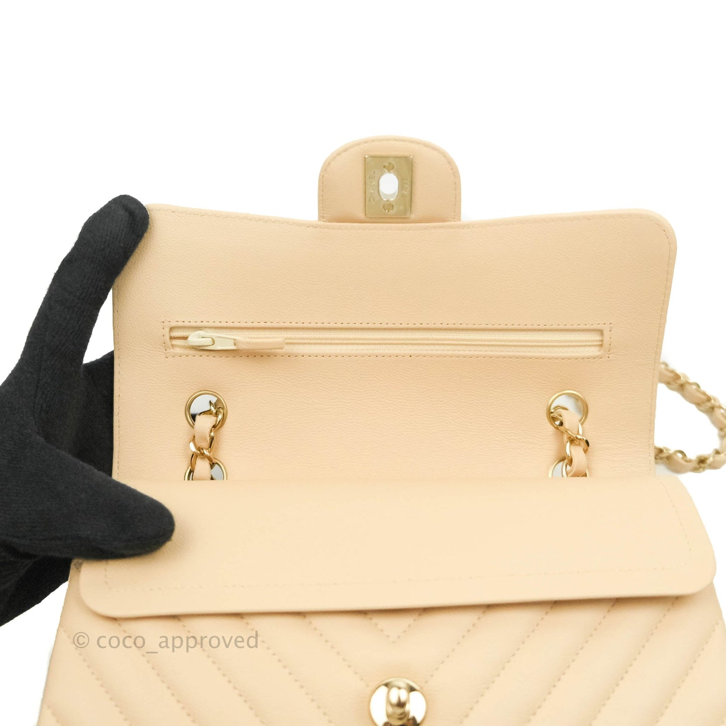 Chanel Classic S/M Small Double Flap Chevron Beige Caviar Gold Hardware