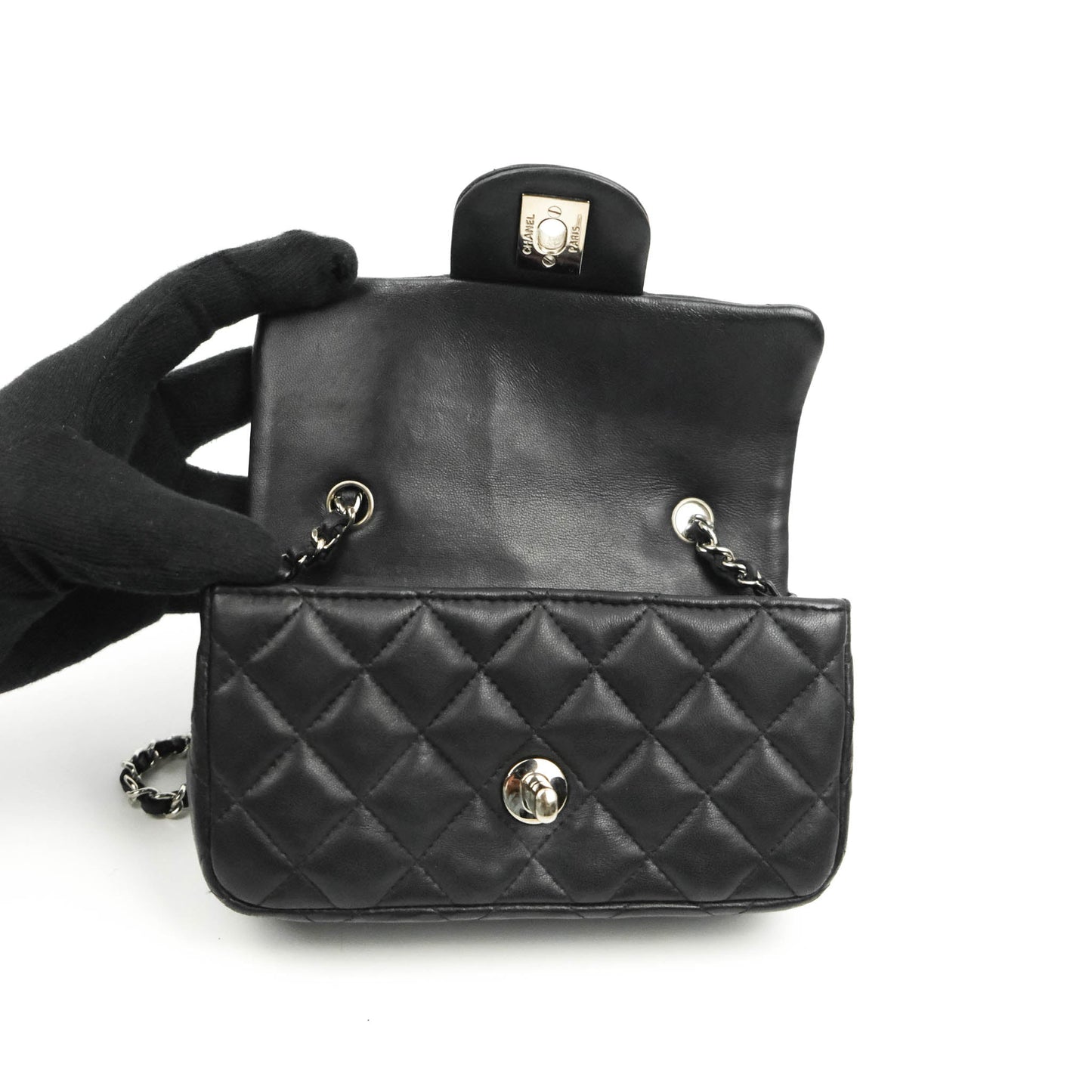 Chanel Quilted Extra Mini Rectangular Flap Black Lambskin Silver Hardware