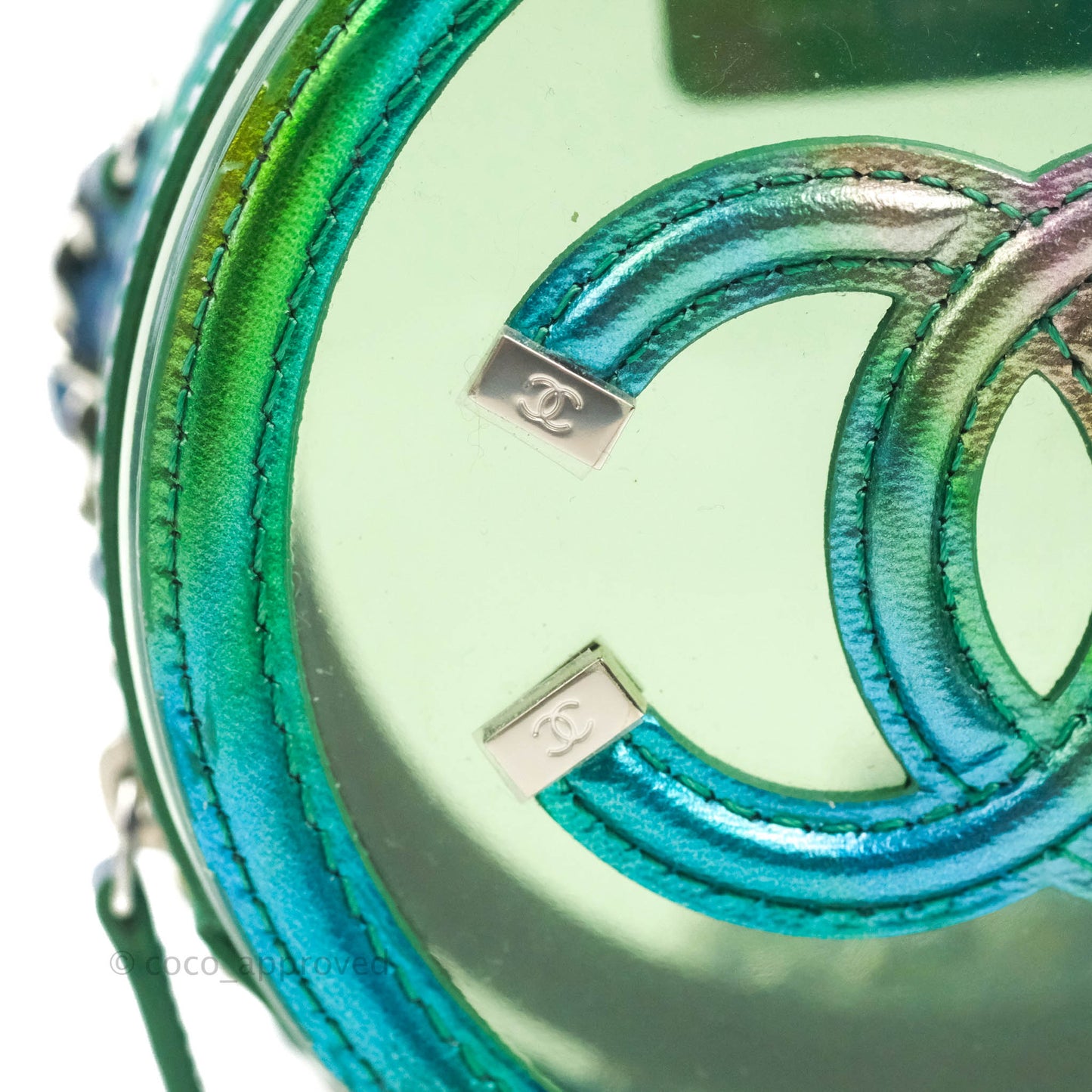 Chanel Filigree Rainbow Green PVC Round Clutch With Chain Silver Hardware 20C
