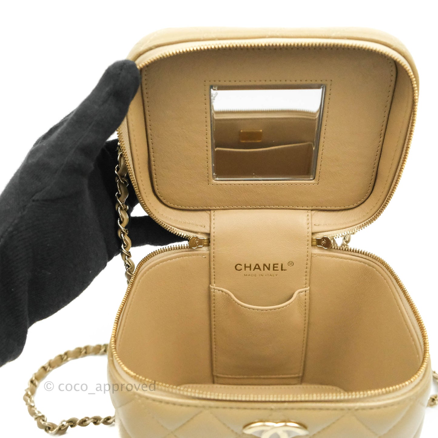Chanel Small Quilted Top Handle Vanity Case Dark Beige Caviar Gold Hardware