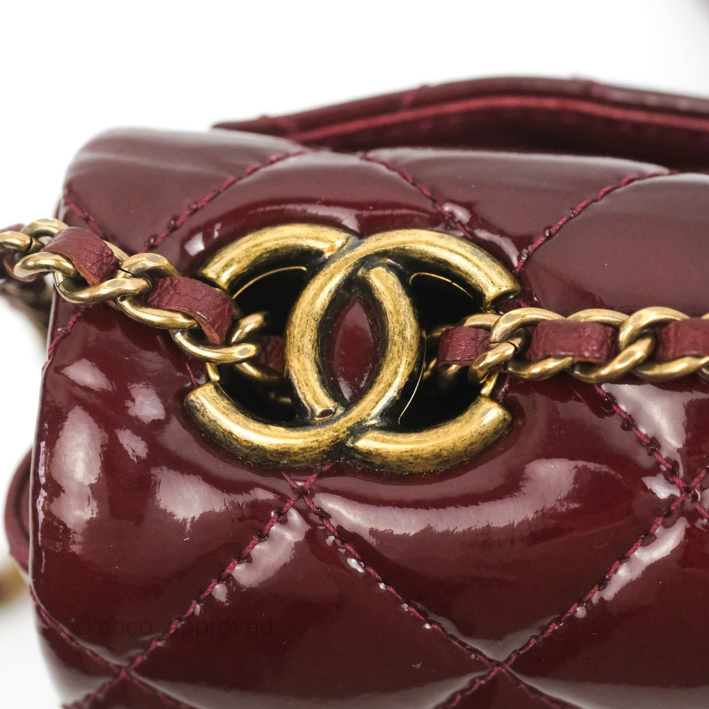 Chanel Quilted CC Eyelet Flap Burgundy Patent Goatskin Antique Gold Hardware