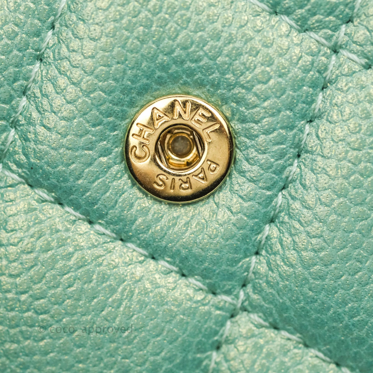 Chanel Quilted Card Holder With Chain Iridescent Mint Caviar Gold Hardware