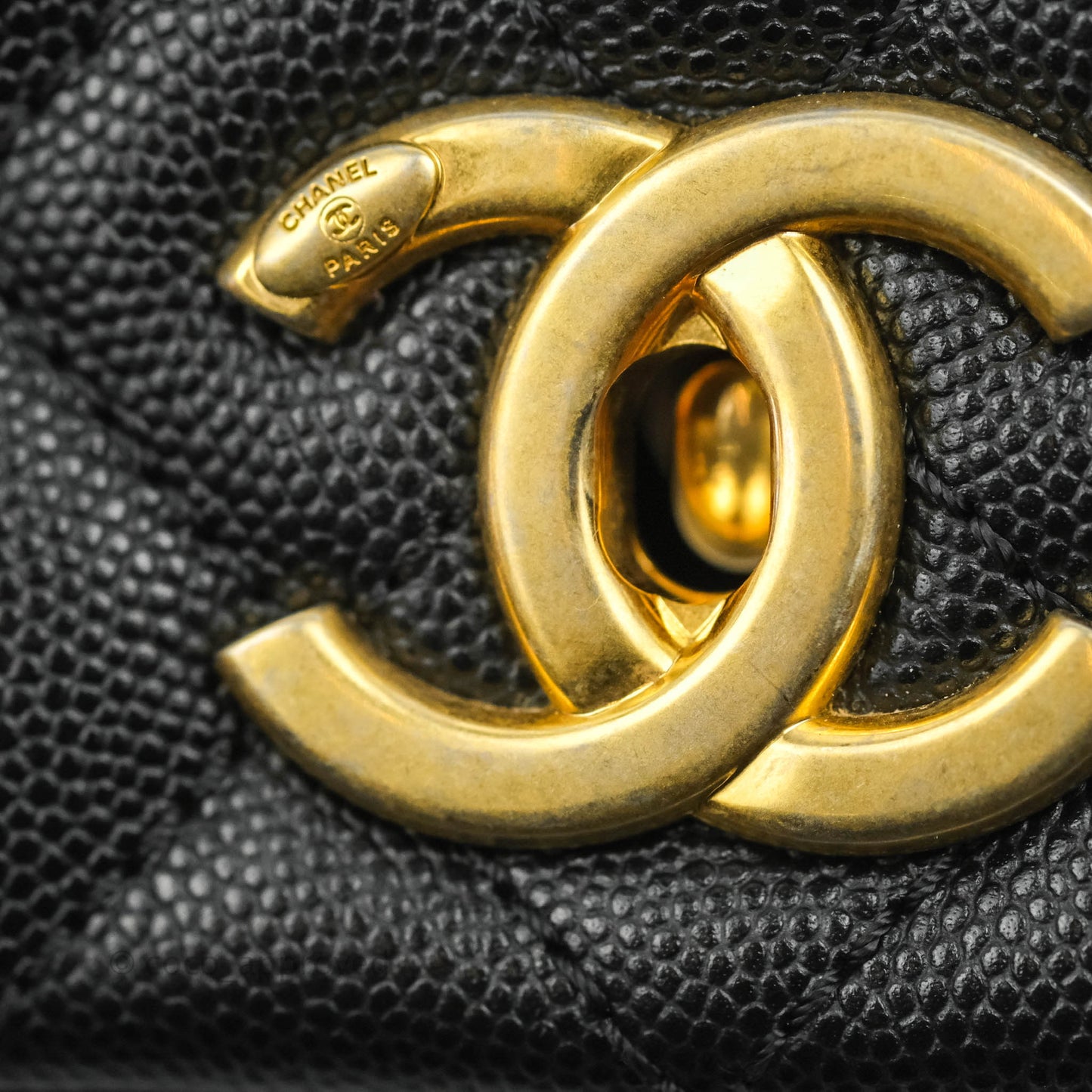 Chanel Medium Coco Handle Quilted Black Caviar Lizard Handle Gold Hardware