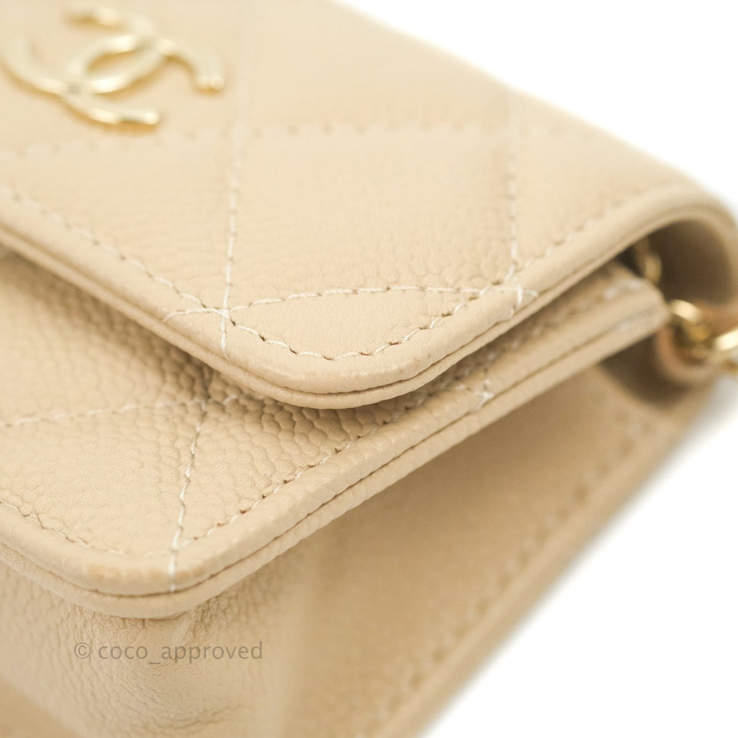 Chanel Quilted Card Holder with CC Chain Beige Caviar Gold Hardware