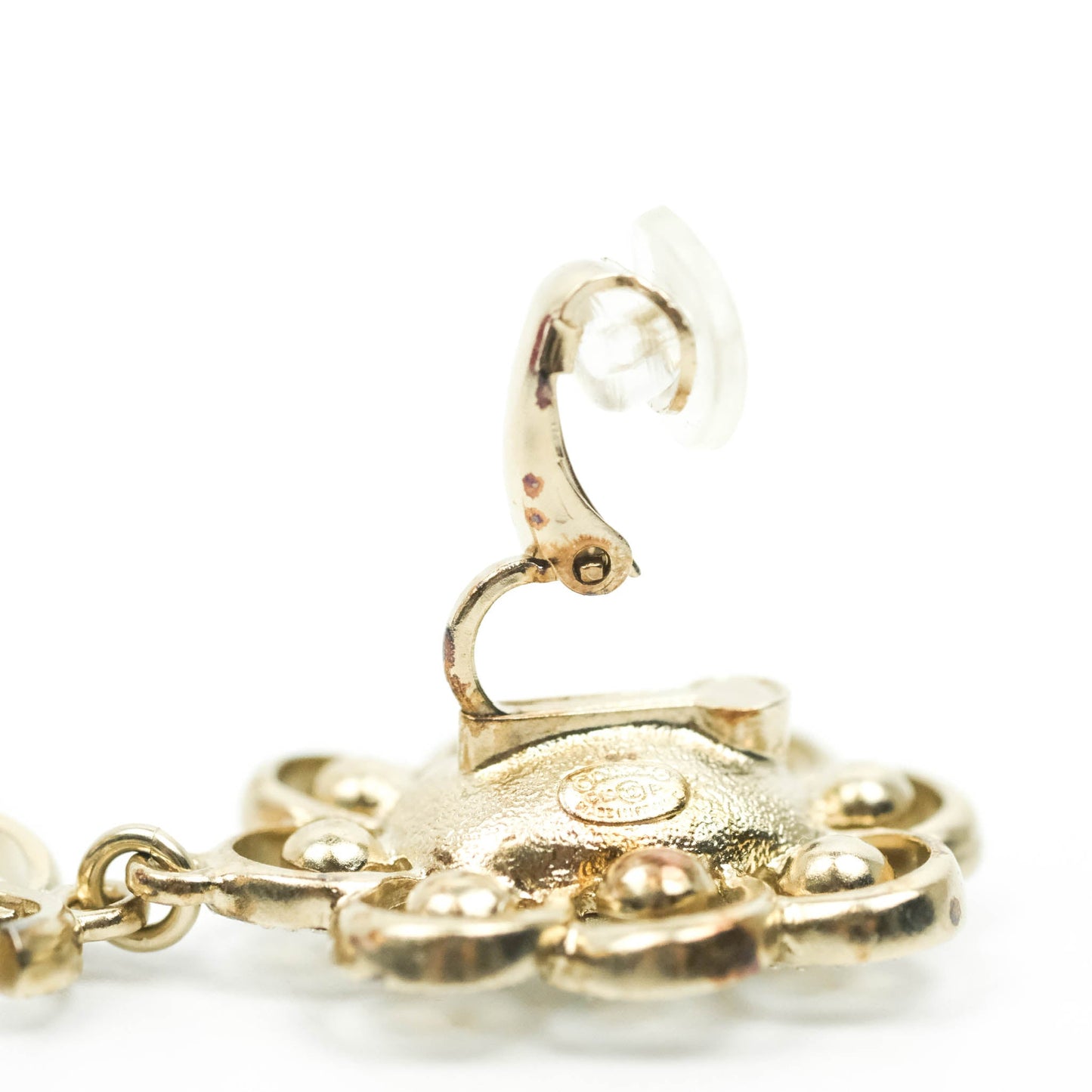 Chanel Crystal Pearl Drop CC Earrings Clip-On Gold Tone 19P