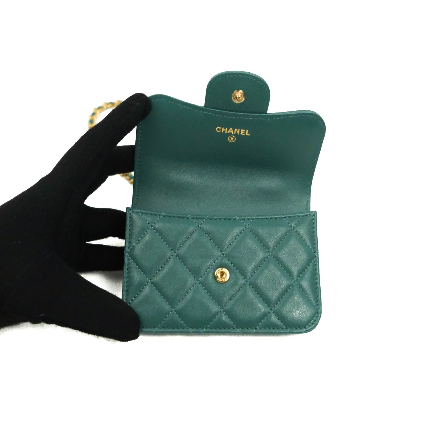 Chanel Mini Handle Flap Coin Purse With Chain Green Lambskin Gold Hardware