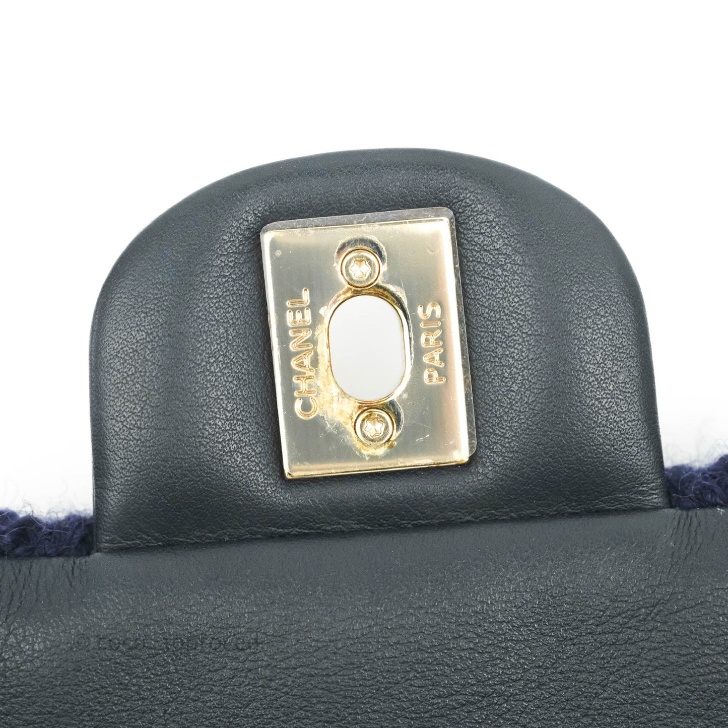 Chanel Mini Rectangular Flap Navy Blue Cable Knit Gold Hardware
