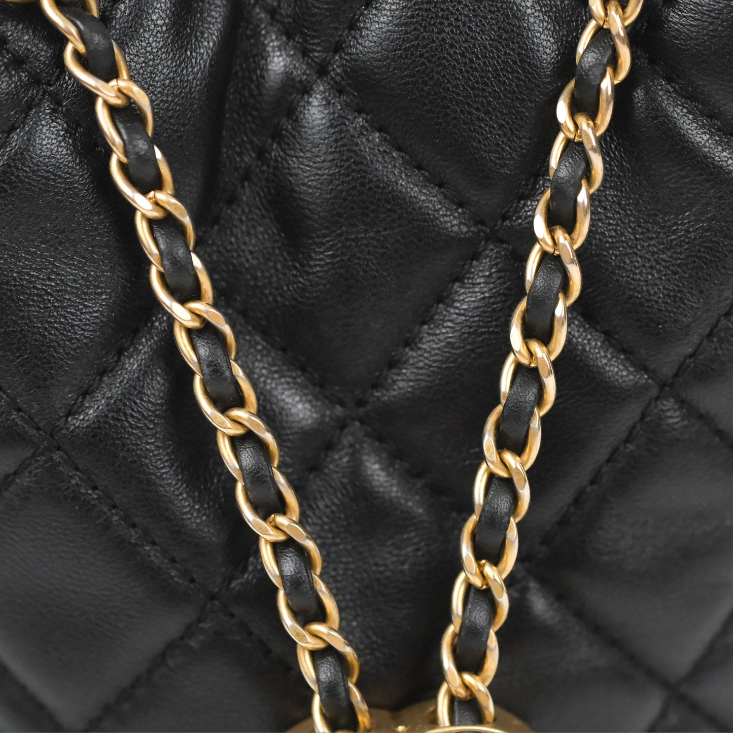 Chanel Pearl Crush Bucket Bag Black Lambskin Aged Gold Hardware 22S