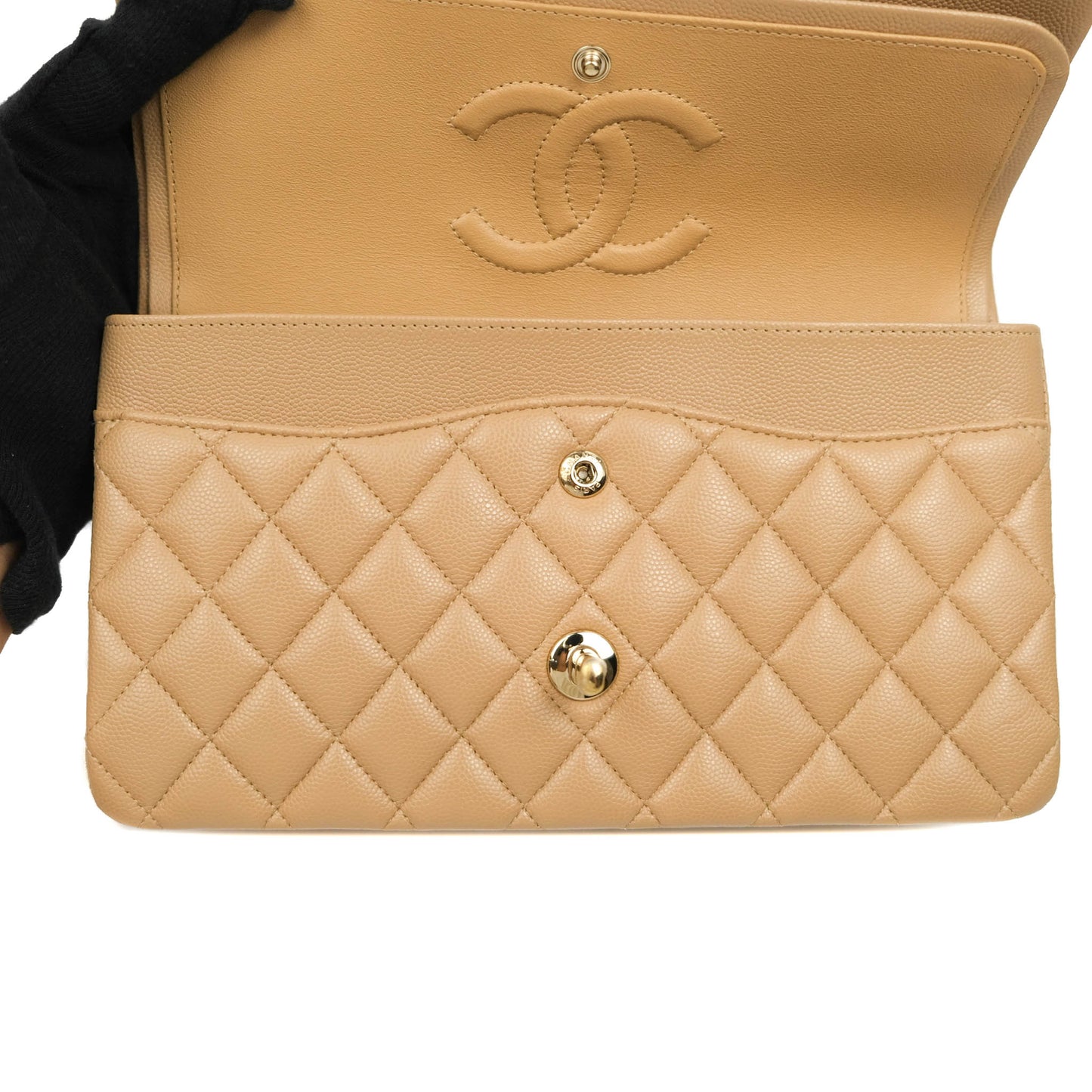 Chanel Classic M/L Medium Double Flap Dark Beige Caviar Gold Hardware 19B