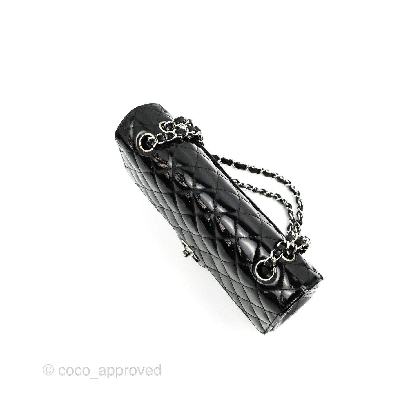 Chanel Classic M/L Medium Flap Quilted Black Patent Silver Hardware