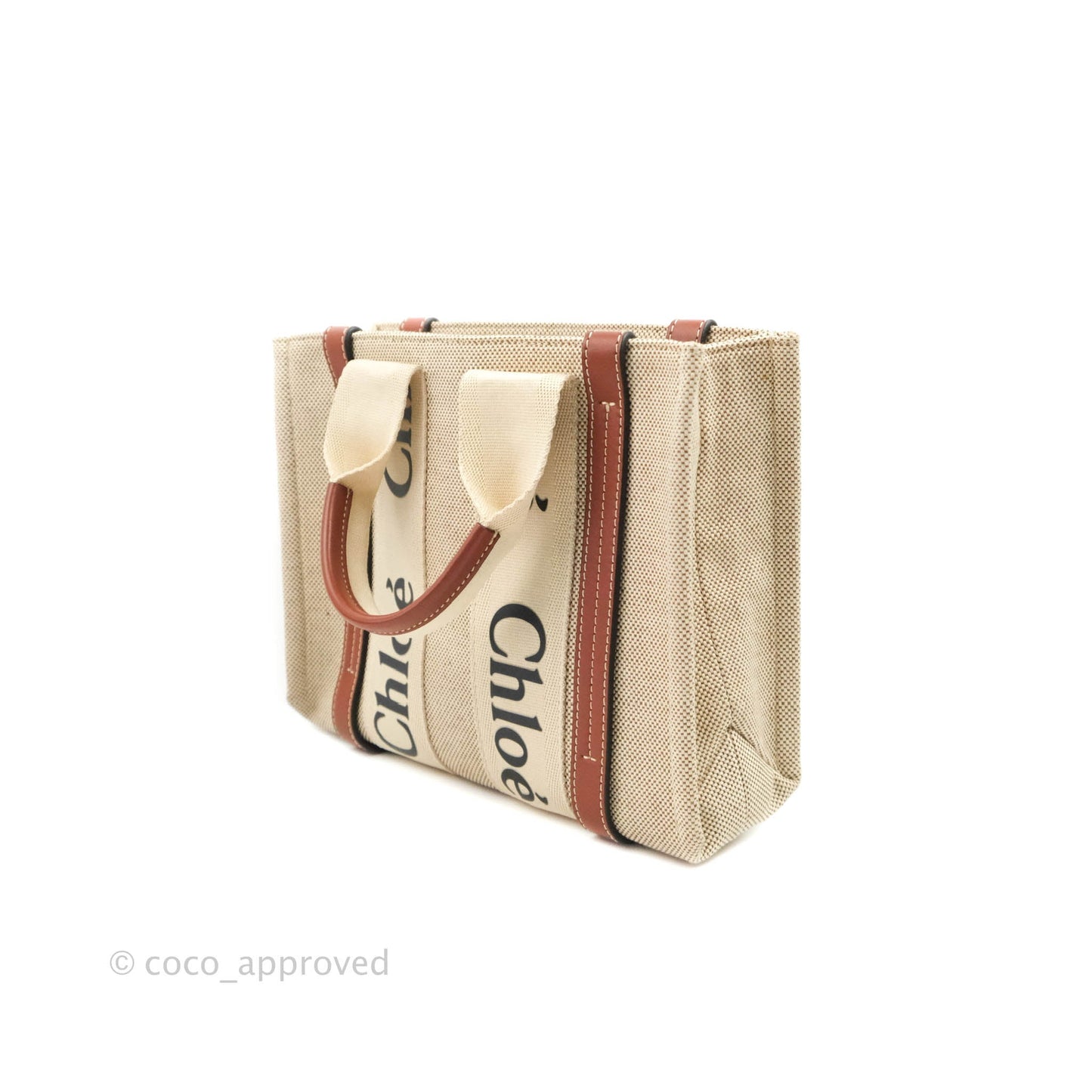 Chloe Small Woody Tote Bag Cotton Canvas & Brown Calfskin with Woody Ribbon