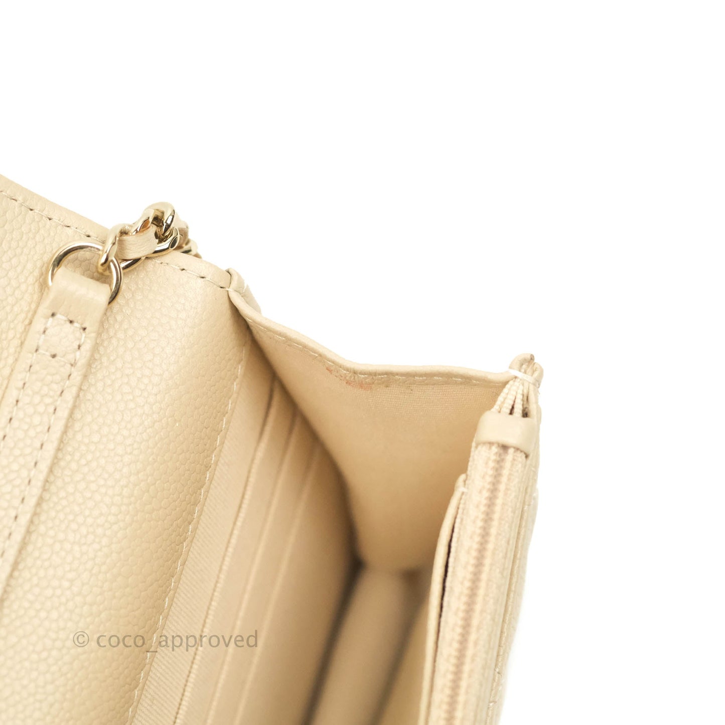 Chanel Quilted Wallet on CC Chain WOC Beige Caviar Gold Hardware