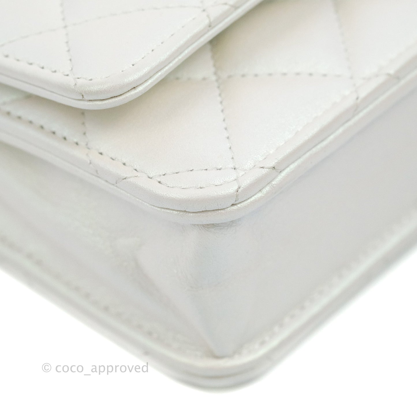 Chanel Quilted Classic Wallet on Chain WOC Iridescent White Lambskin Gold Hardware