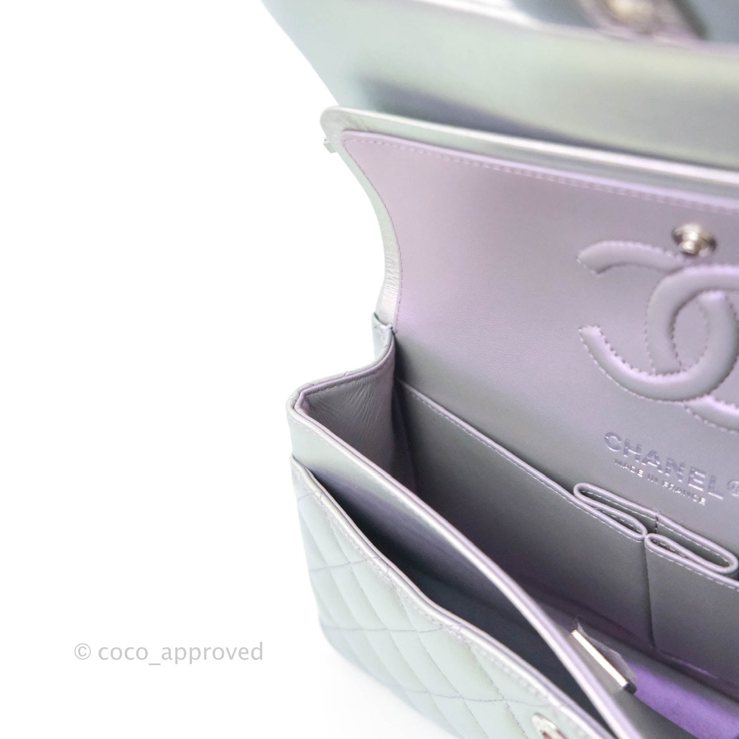 Chanel Small Classic Quilted Flap Metallic Iridescent White Lilac Silver Hardware