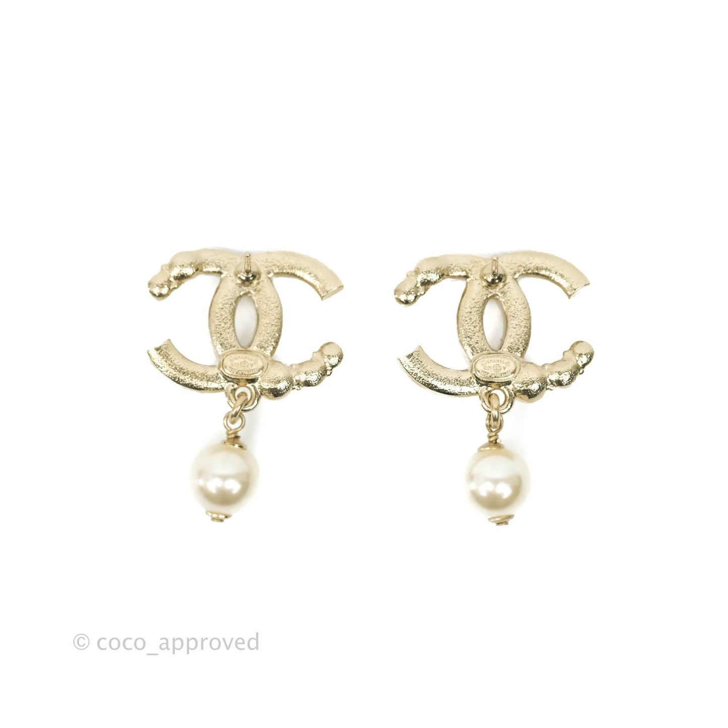 Chanel CC Rhinestone Pearl Drop Earrings Gold Tone 21V