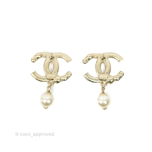 Chanel CC Rhinestone Pearl Drop Earrings Gold Tone 21V