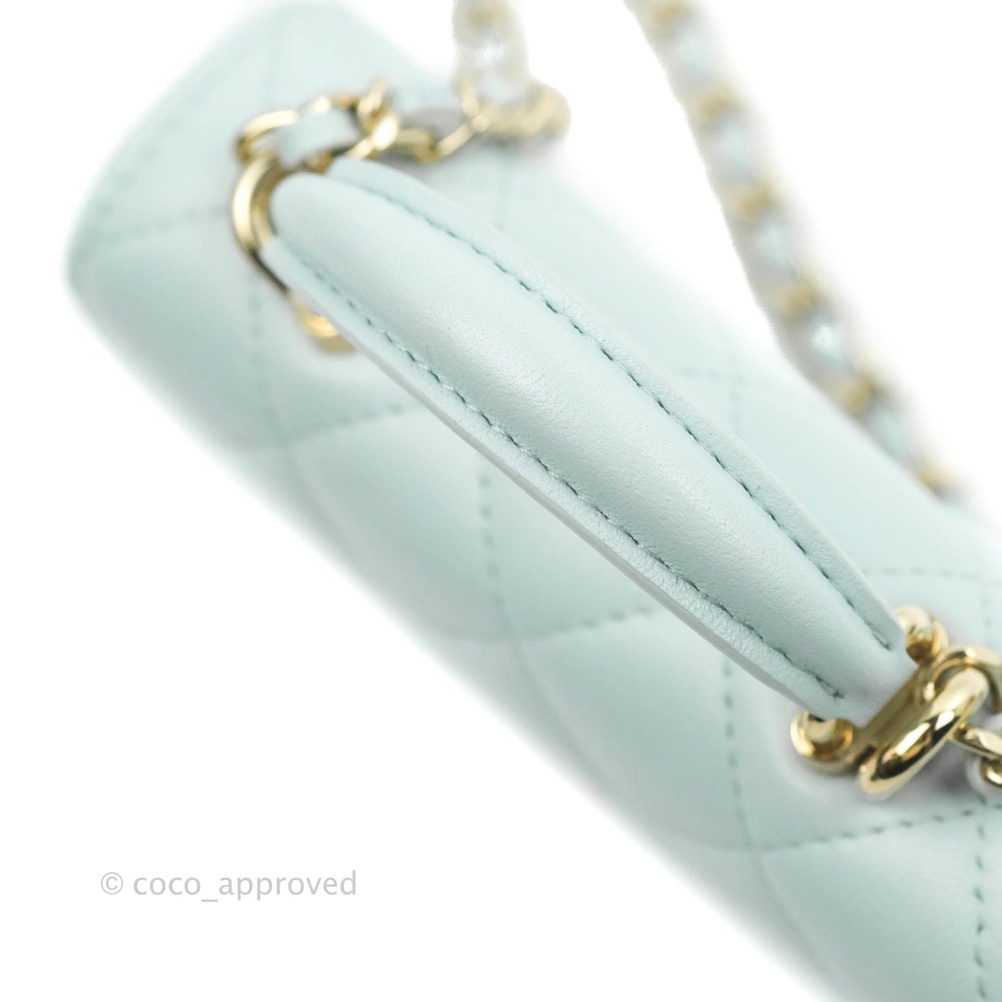Chanel Mini Handle Flap Coin Purse With Chain Light Blue Lambskin Gold Hardware