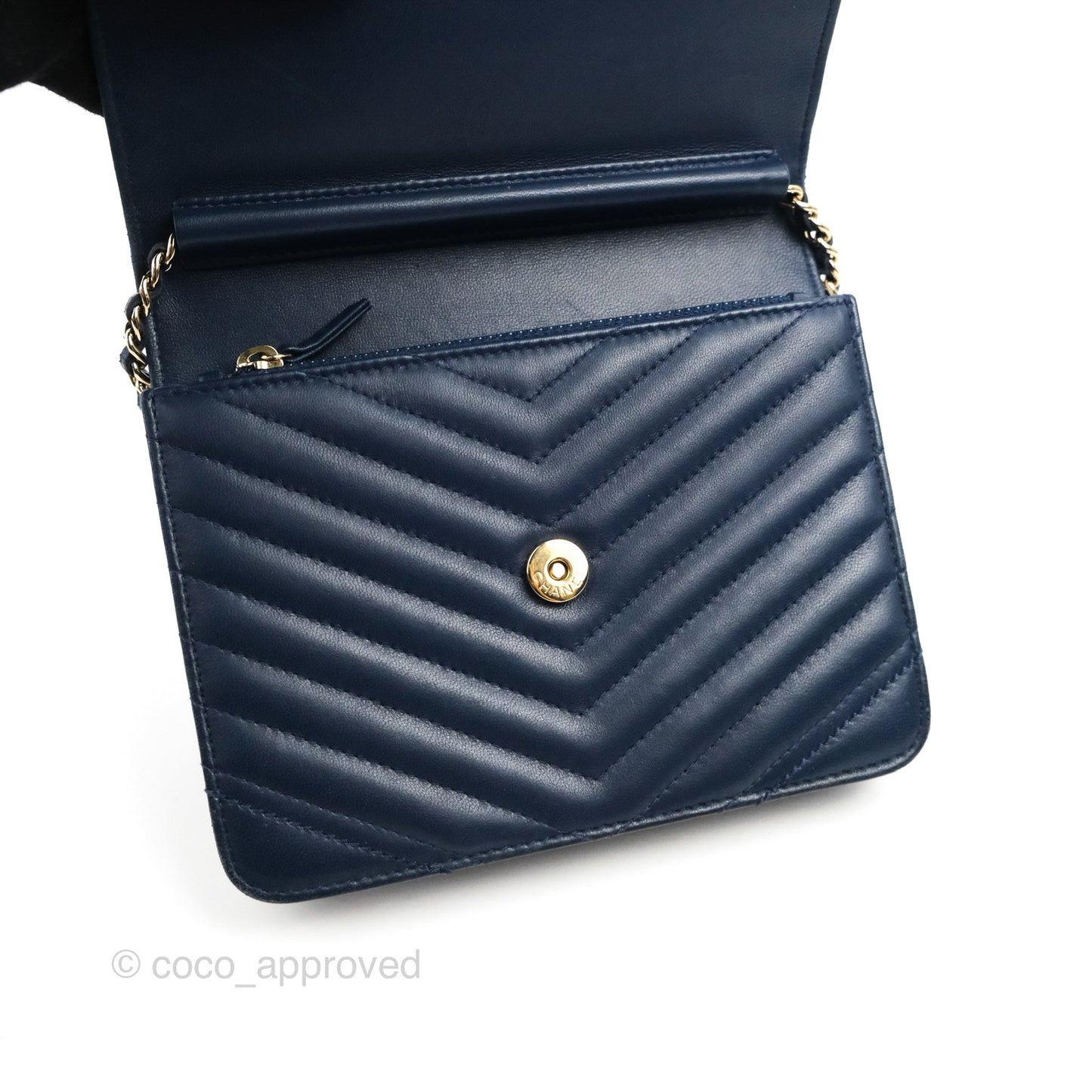 Chanel Square WOC Wallet On Chain Blue Lambskin Chevron Gold Hardware