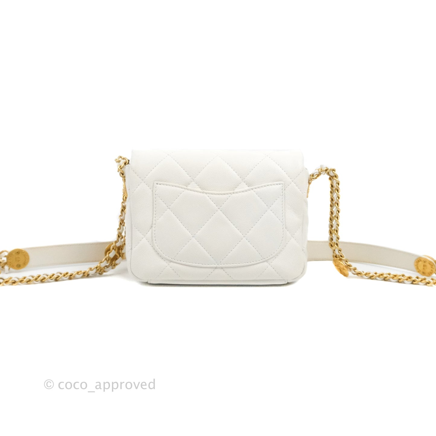 Chanel Mini Flap with Coin Charm White Caviar Aged Gold Hardware 22A