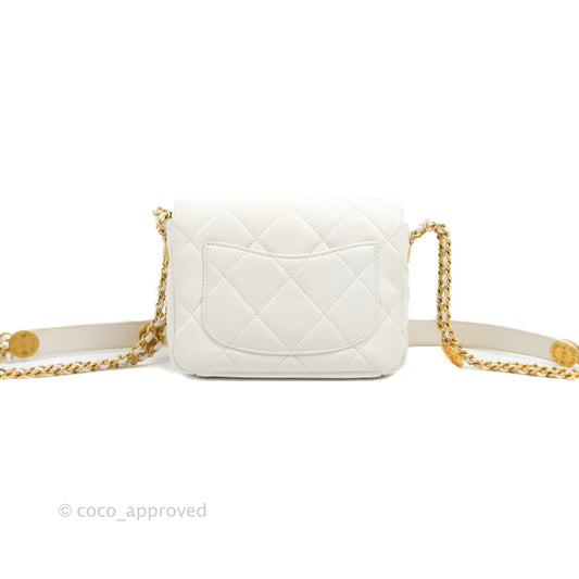 Chanel Mini Flap with Coin Charm White Caviar Aged Gold Hardware 22A