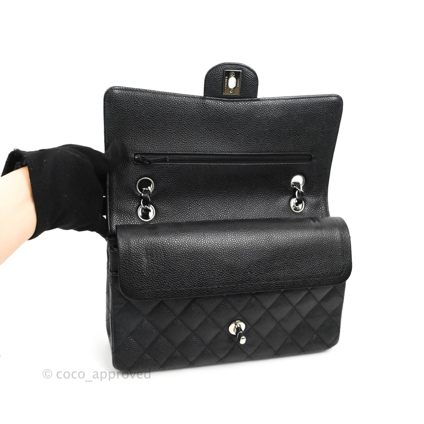 Chanel Classic M/L Medium Flap Quilted Black Caviar Silver Hardware