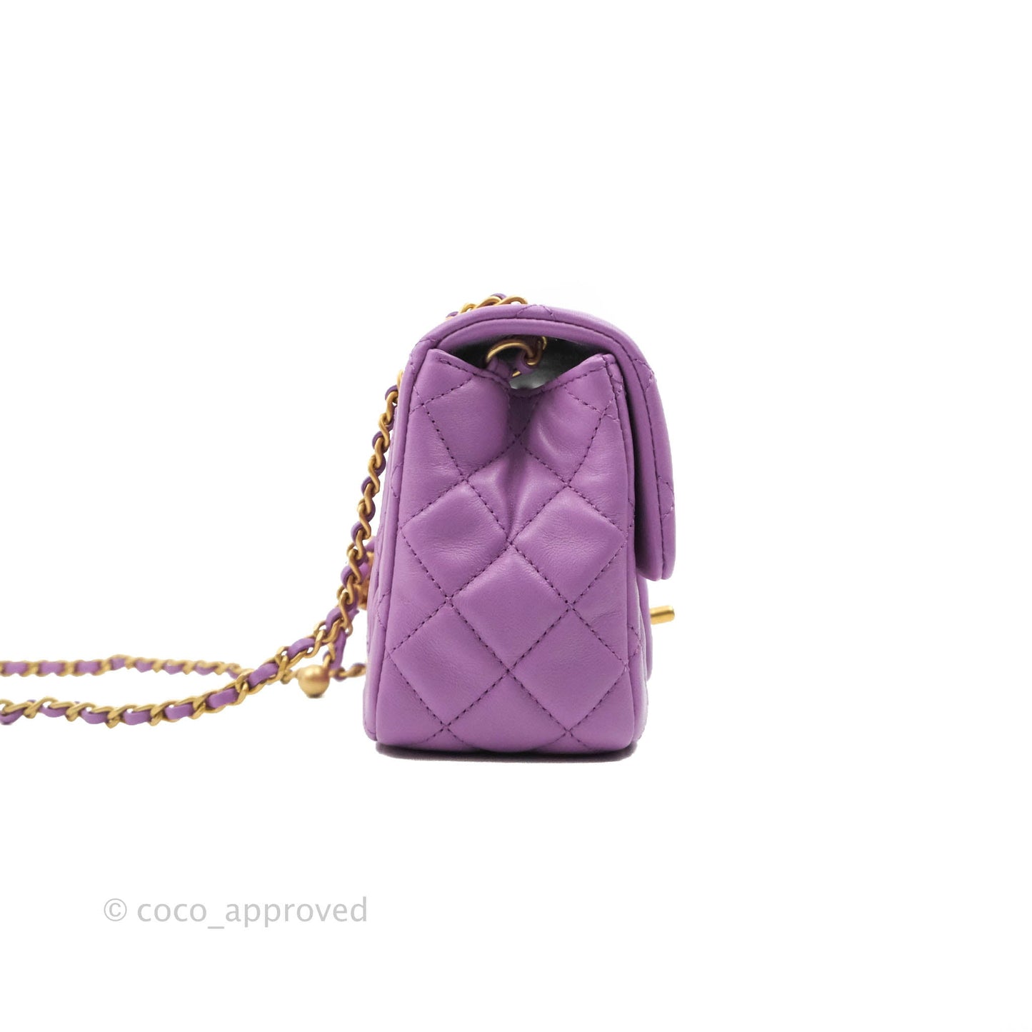 Chanel Mini Square Pearl Crush Quilted Purple Lambskin Aged Gold Hardware