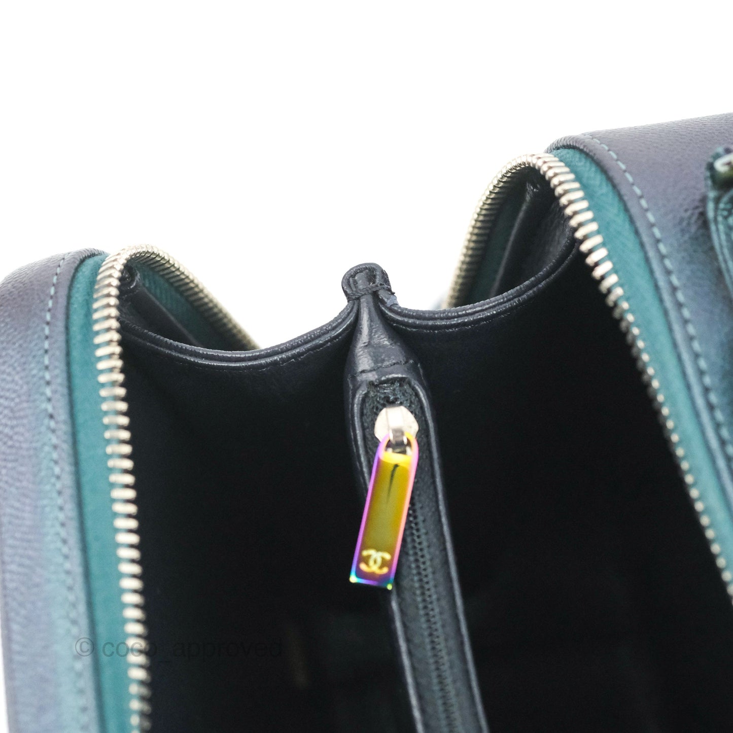 Chanel Quilted Medium CC Filigree Vanity Case Iridescent Dark Turquoise Caviar Rainbow Hardware