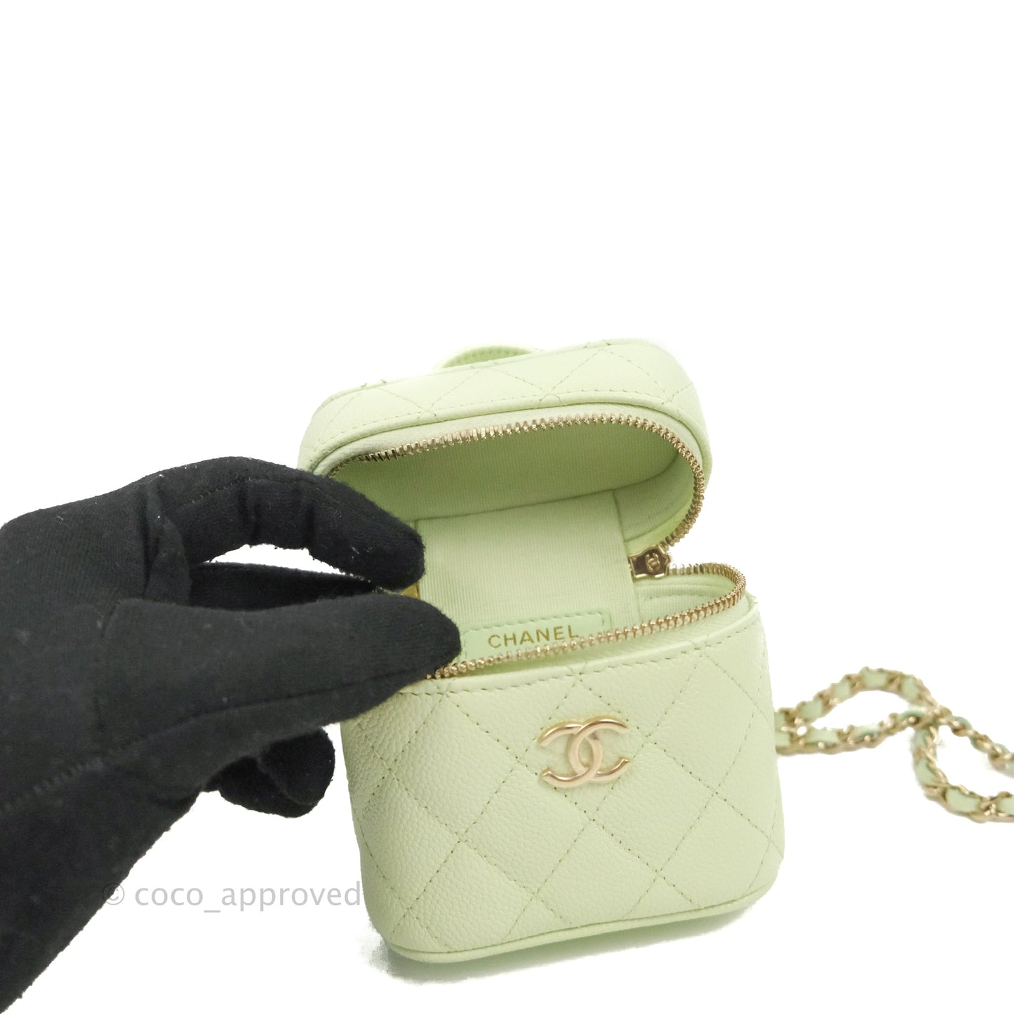 Chanel Quilted Small Handle With Care Vanity Case With Chain Green Caviar Gold Hardware