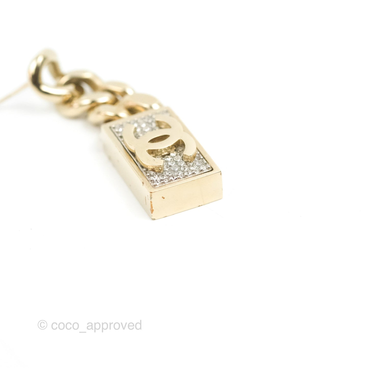 Chanel Chain CC Crystal Plate Drop Earrings Gold Tone 21C