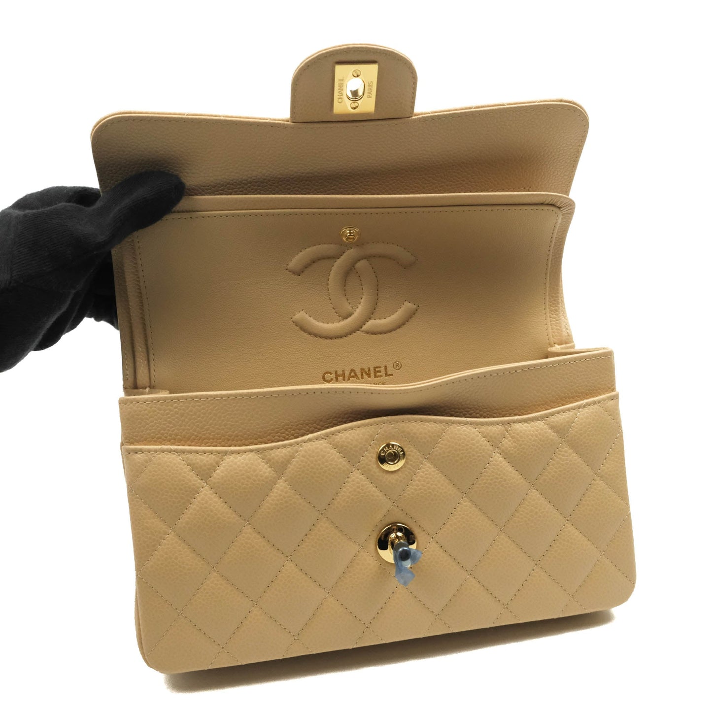 Chanel Small Classic Quilted Flap Beige Caviar Gold Hardware