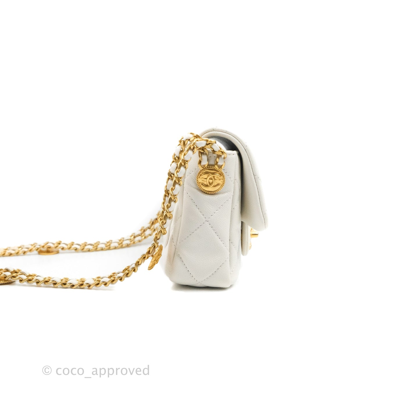 Chanel Mini Flap with Coin Charm White Caviar Aged Gold Hardware 22A