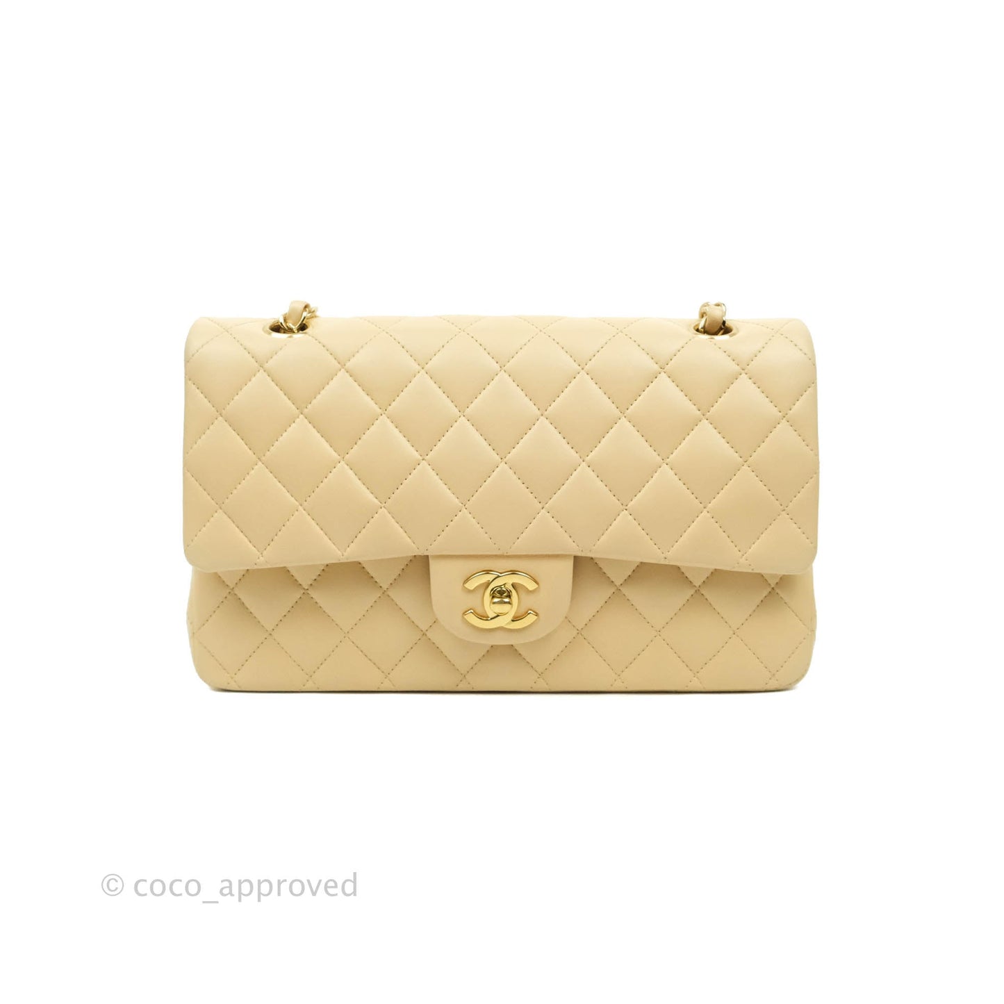 Chanel Classic M/L Medium Double Flap Beige Lambskin Gold Hardware Metal