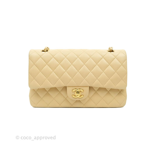 Chanel Classic M/L Medium Double Flap Beige Lambskin Gold Hardware Metal
