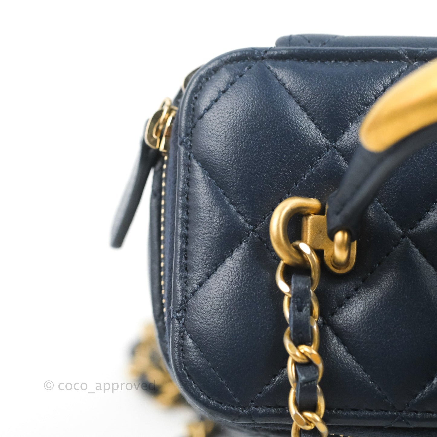 Chanel Vanity Rectangular Metal Top Handle Navy Lambskin Aged Gold Hardware 22B