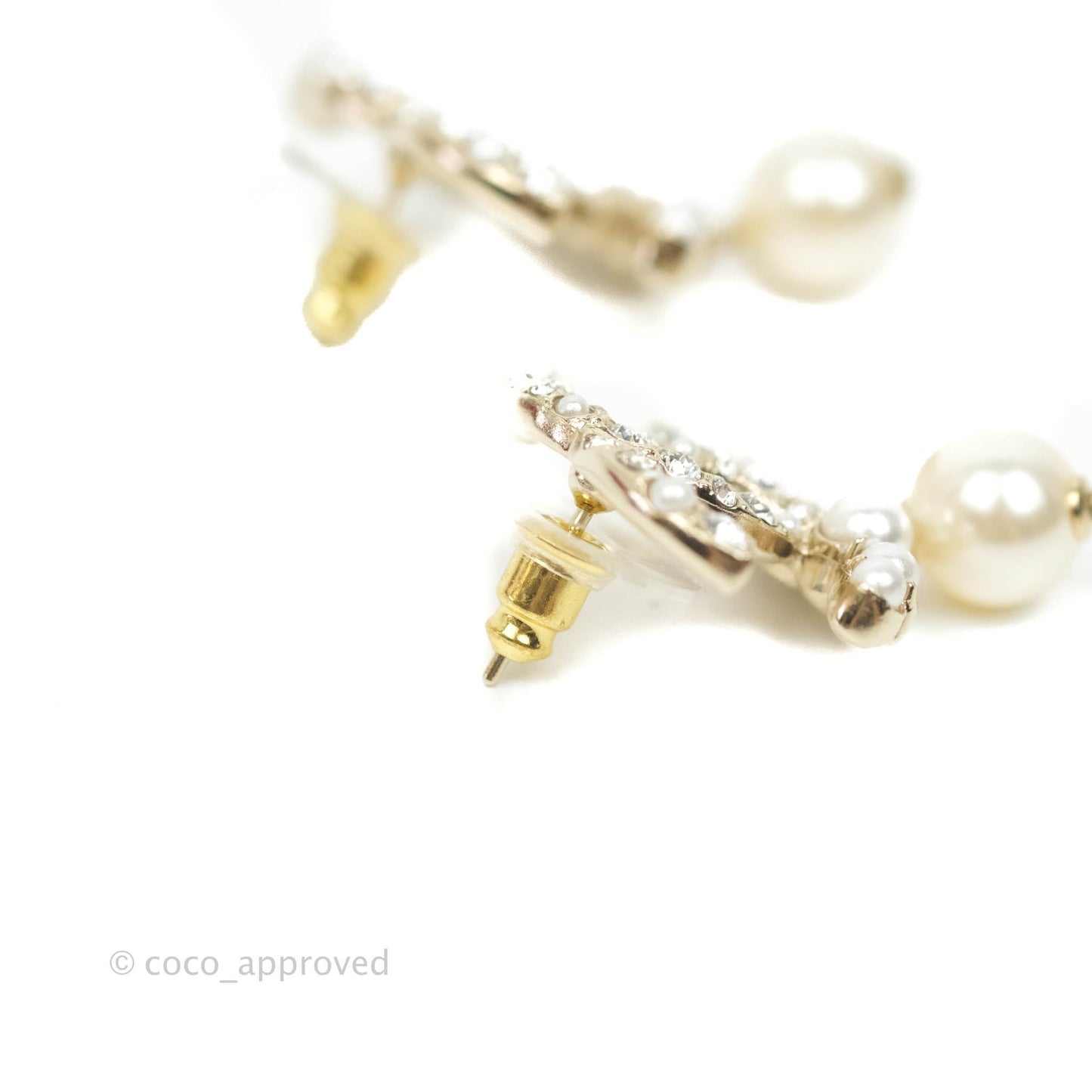 Chanel CC Rhinestone Pearl Drop Earrings Gold Tone 21V
