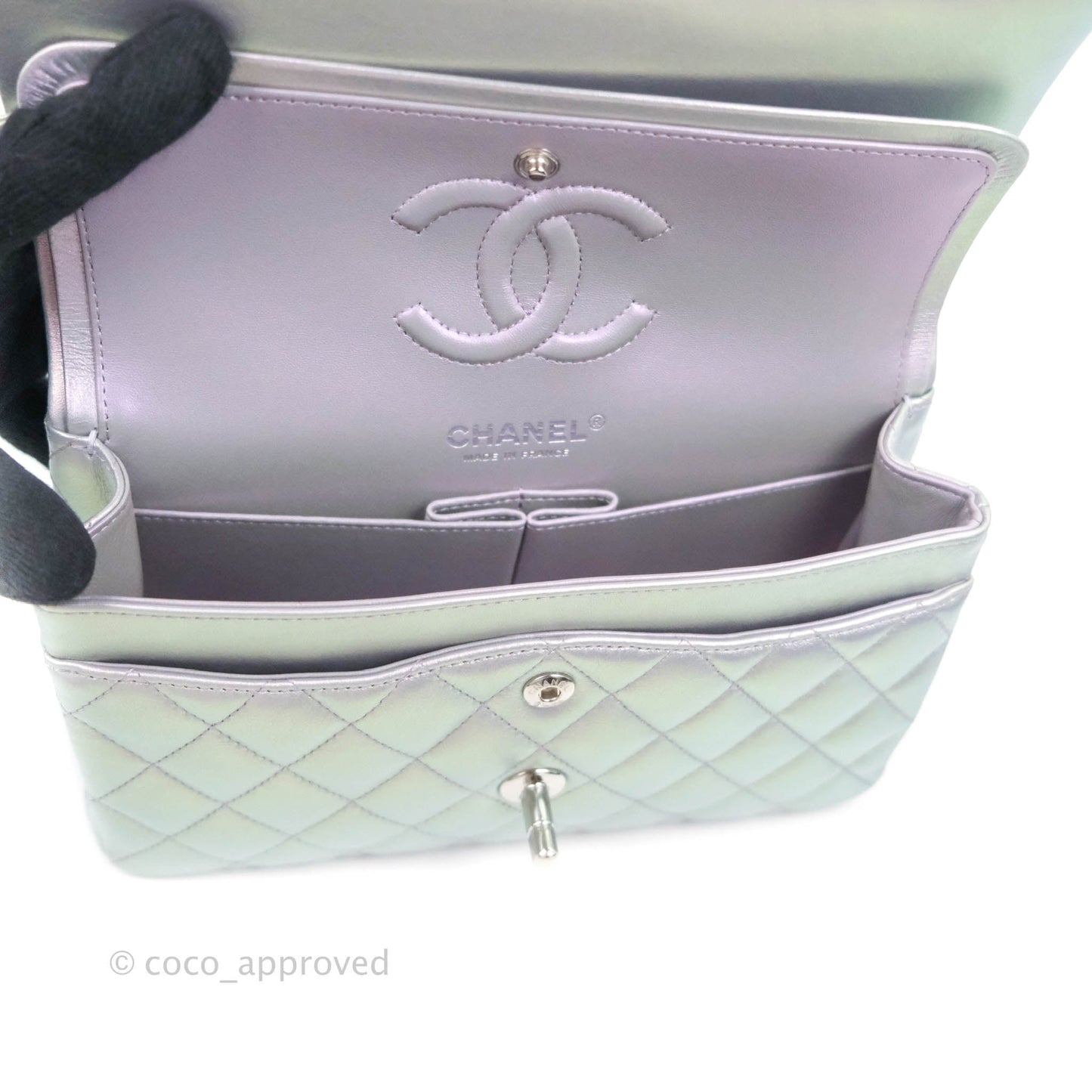 Chanel Small Classic Quilted Flap Metallic Iridescent White Lilac Silver Hardware