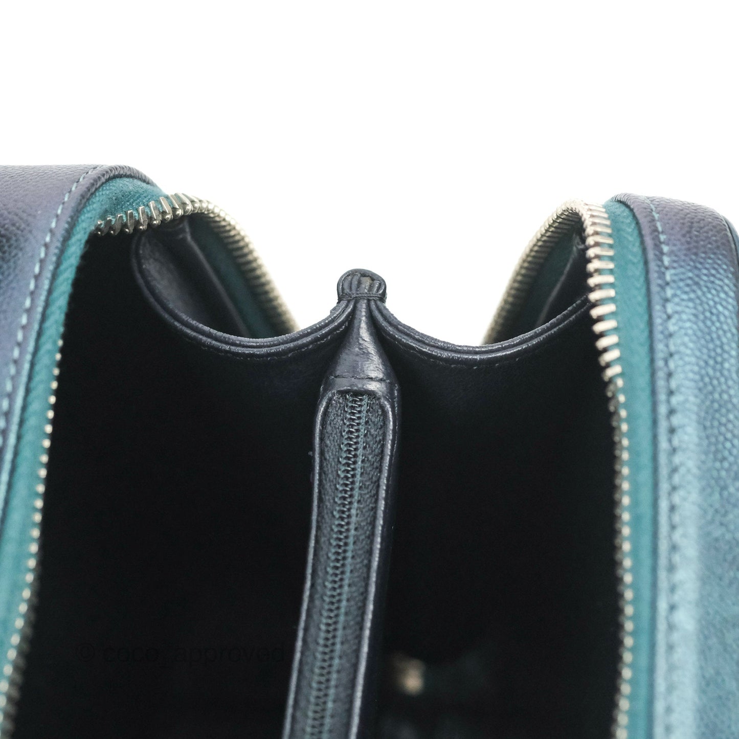 Chanel Quilted Medium CC Filigree Vanity Case Iridescent Dark Turquoise Caviar Rainbow Hardware