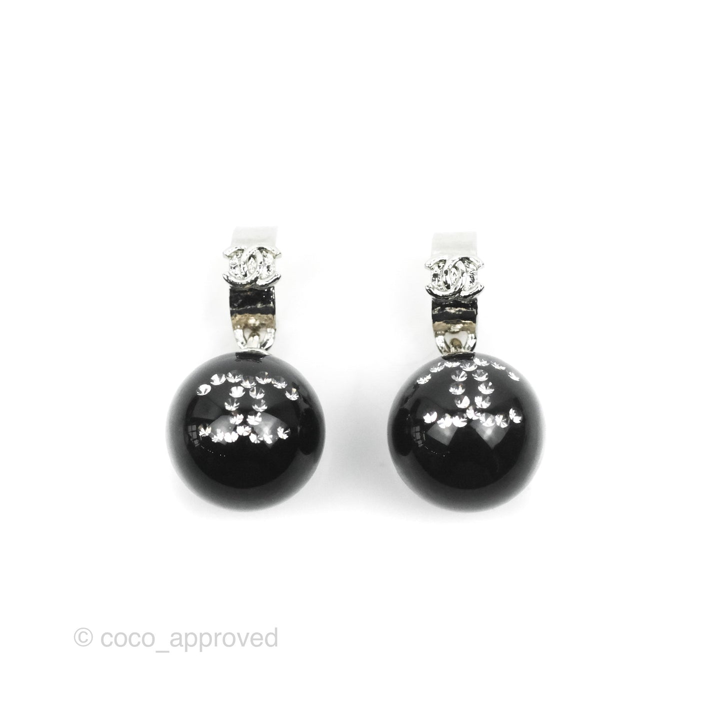 Chanel CC Drop Black Sphere Hoop Earrings Silver Tone 21K